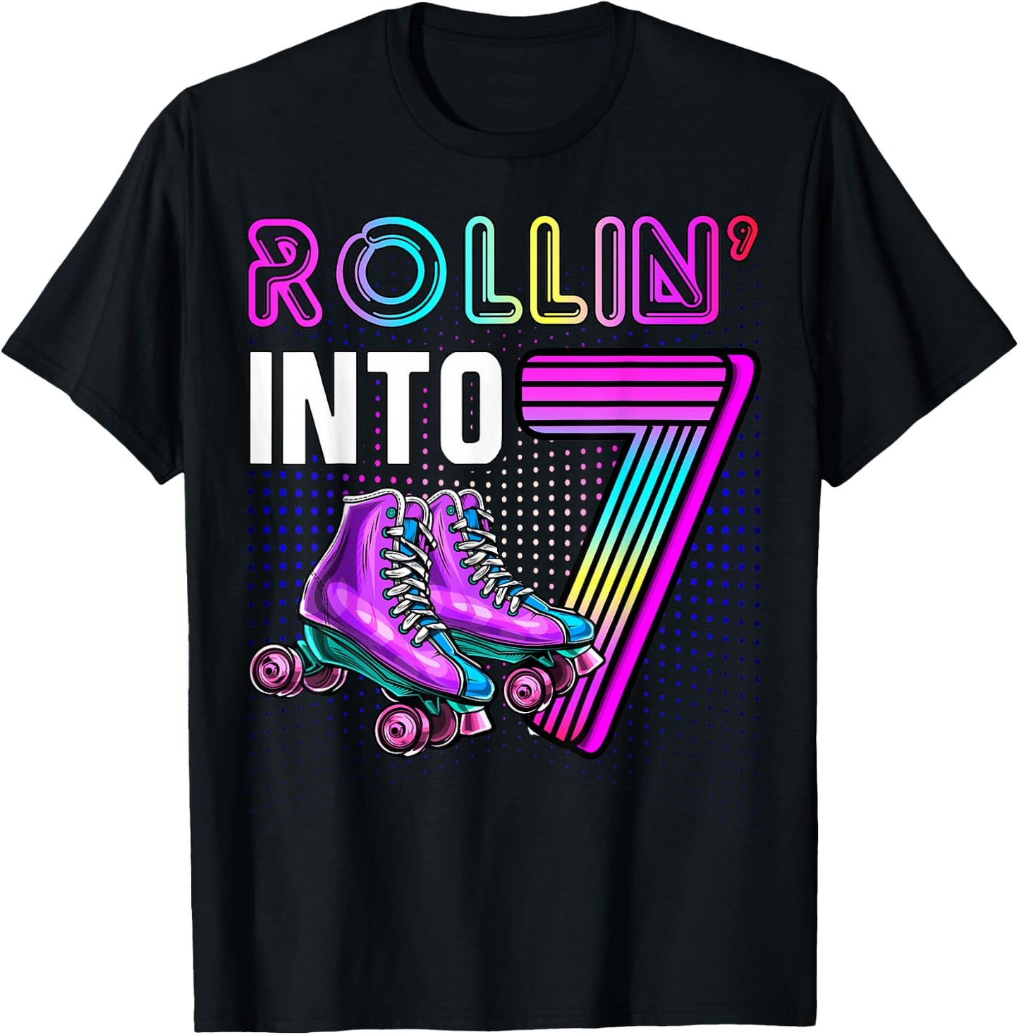 Rollin' into 7 Roller Skating Rink 7th Birthday Party Girls T-Shirt - T-Shirt | Black