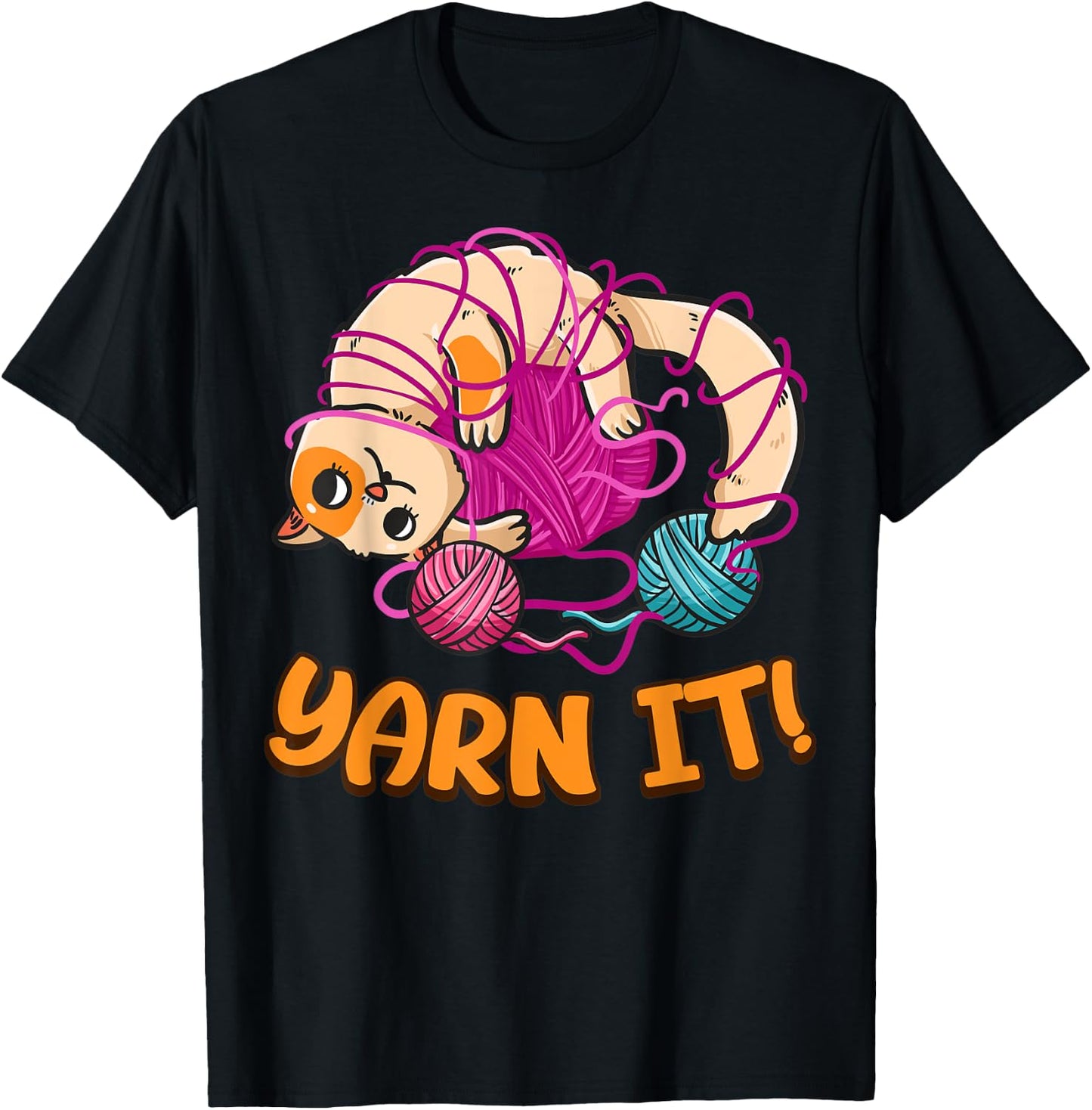 Funny Knitters Yarn It Cat Tangled In Yarn Cat Lovers Yarn Women Kids T-Shirt - T-Shirt | Black