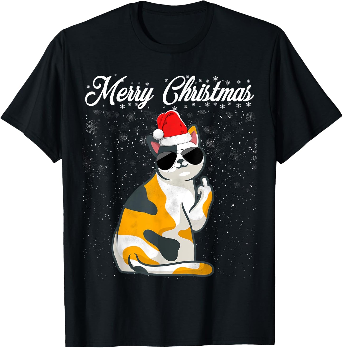 Merry Christmas Cat Middle Finger Rude Xmas Ugly Christmas T-Shirt - T-Shirt | Black