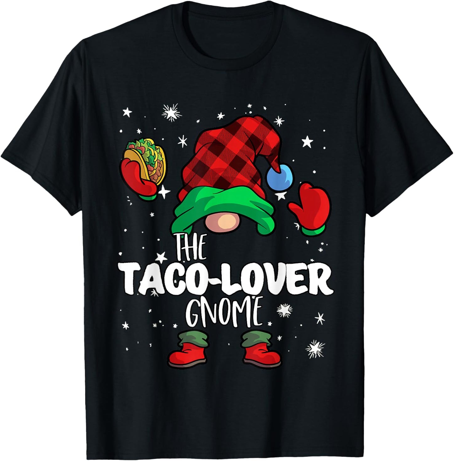 Taco Lover Gnome Red Buffalo Plaid Matching Family Christmas T-Shirt - T-Shirt | Black