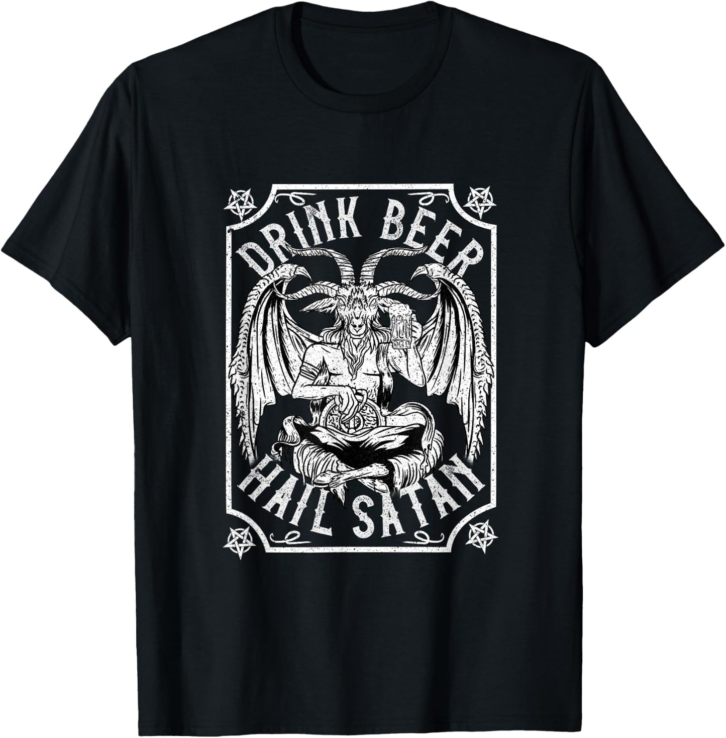 Drink Beer Hail Satan I Satanic Baphomet I Pentagram Occult T-Shirt - T-Shirt | Black