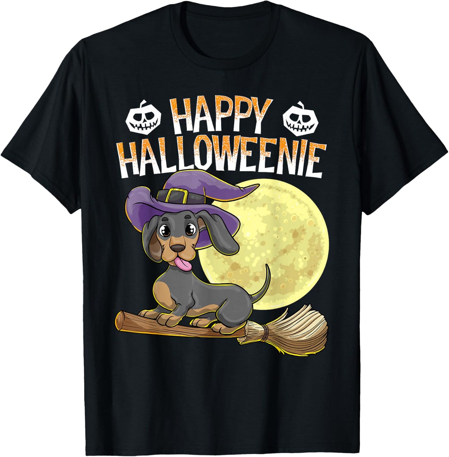 Happy Halloweenie Dachshund Dog Halloween Witch Wiener Broom T-Shirt - T-Shirt | Black