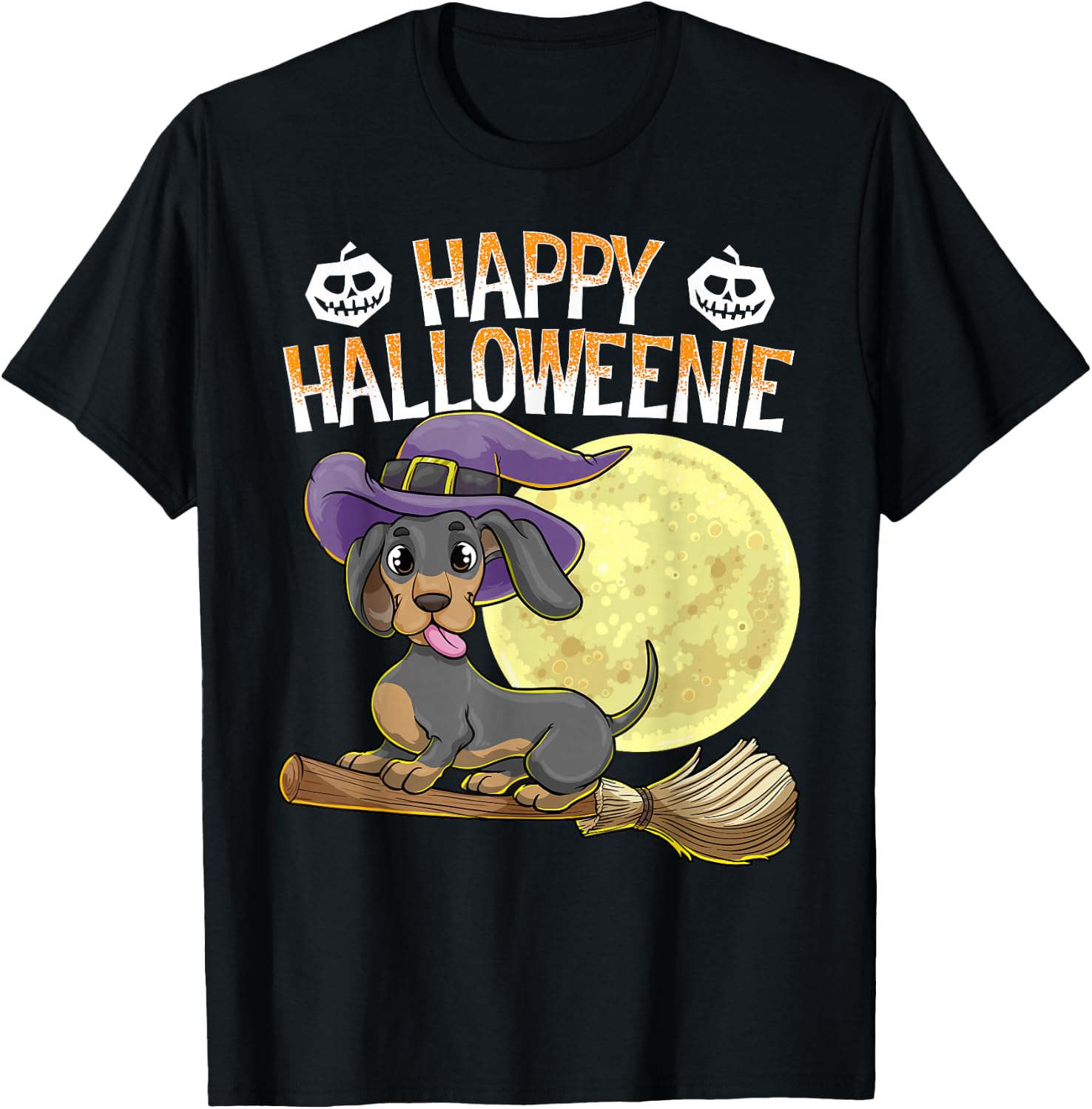 Happy Halloweenie Dachshund Dog Halloween Witch Wiener Broom T-Shirt - T-Shirt | Black