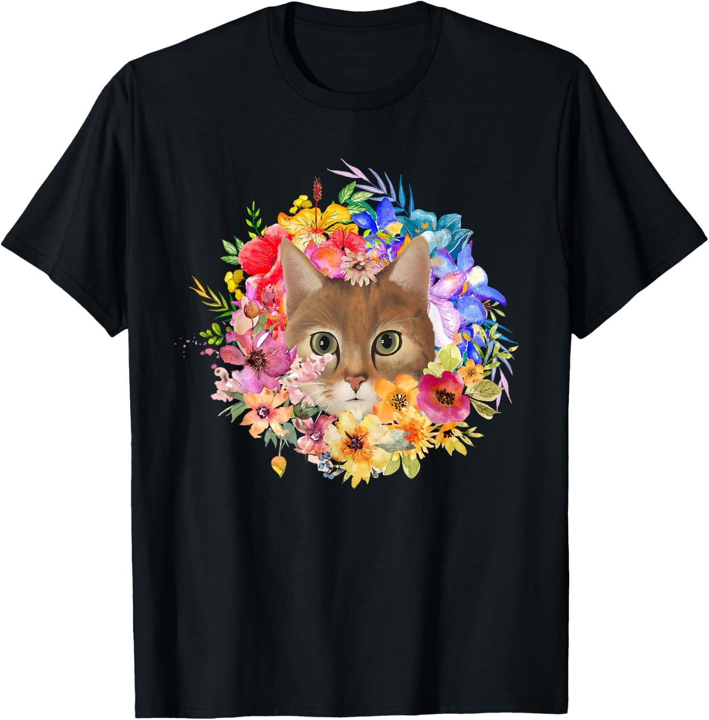 Floral Spring Cat and Spring Flowers Farm Pet Nature Design T-Shirt - T-Shirt | Black