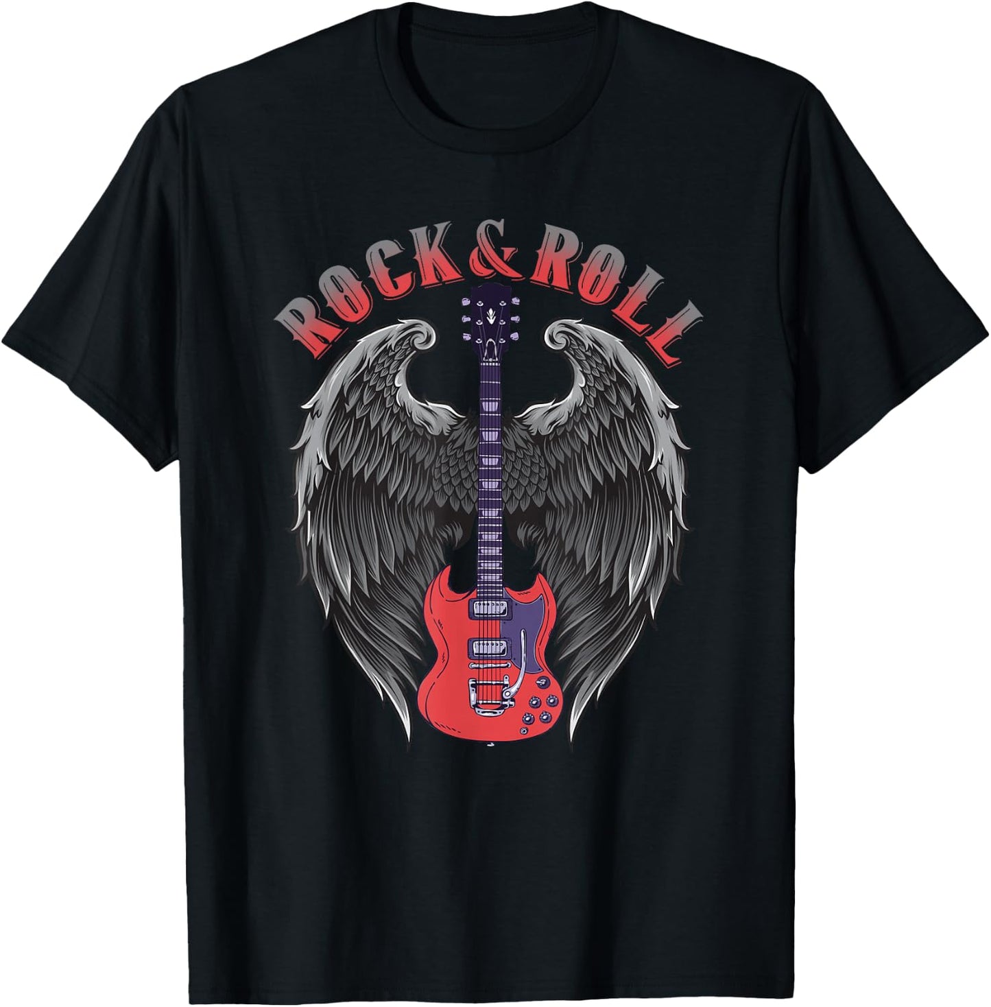 Vintage Retro 80s Music Guitar Wings Rock & Roll T-Shirt - T-Shirt | Black