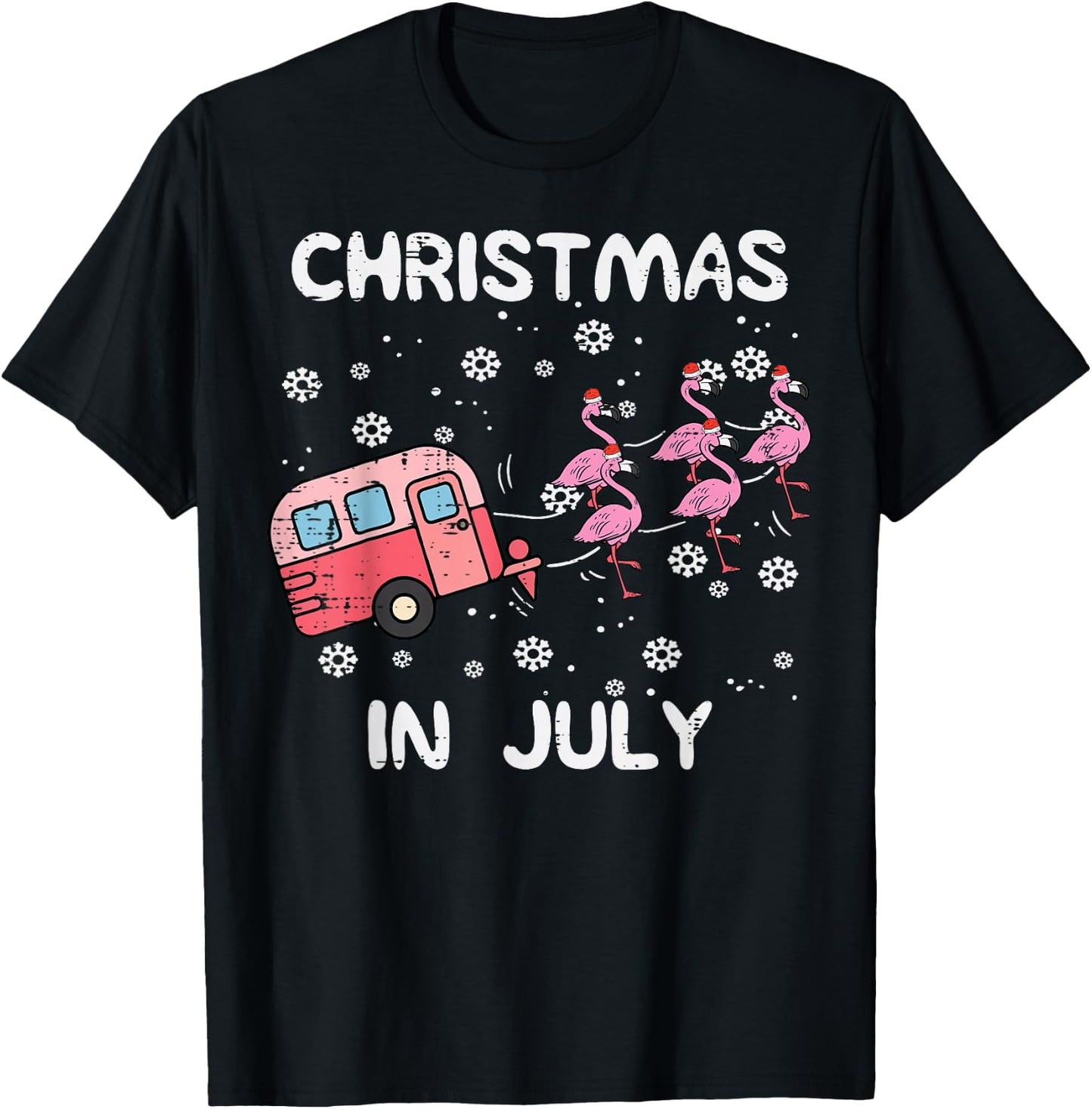 Christmas in July Flamingo Trailer Summer Xmas Camp Camper T-Shirt - T-Shirt | Black