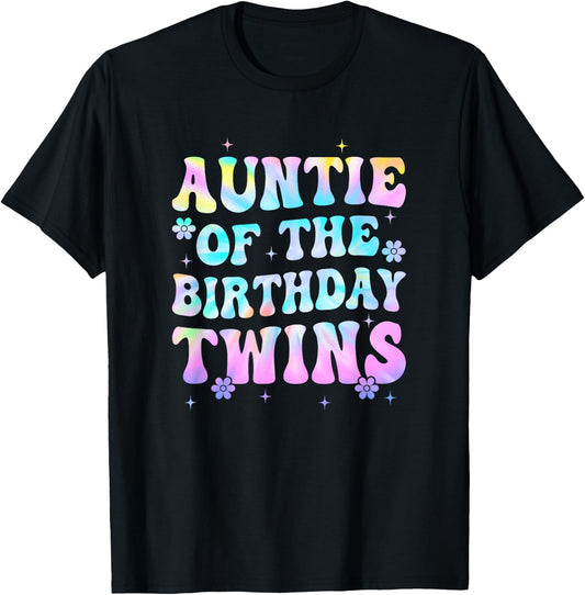 Auntie of The Birthday Twins Girls Kids Party Retro Bday T-Shirt - T-Shirt | Black