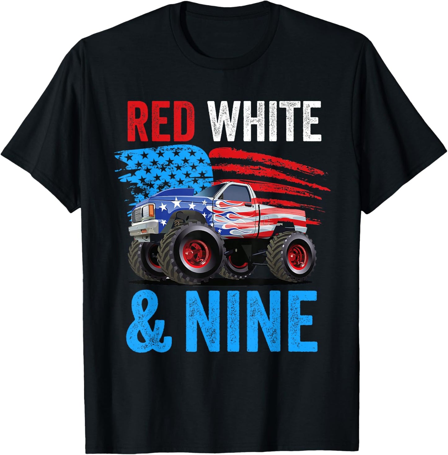Red White & Nine Monster Truck Boy 9th Birthday USA Flag T-Shirt - T-Shirt | Black
