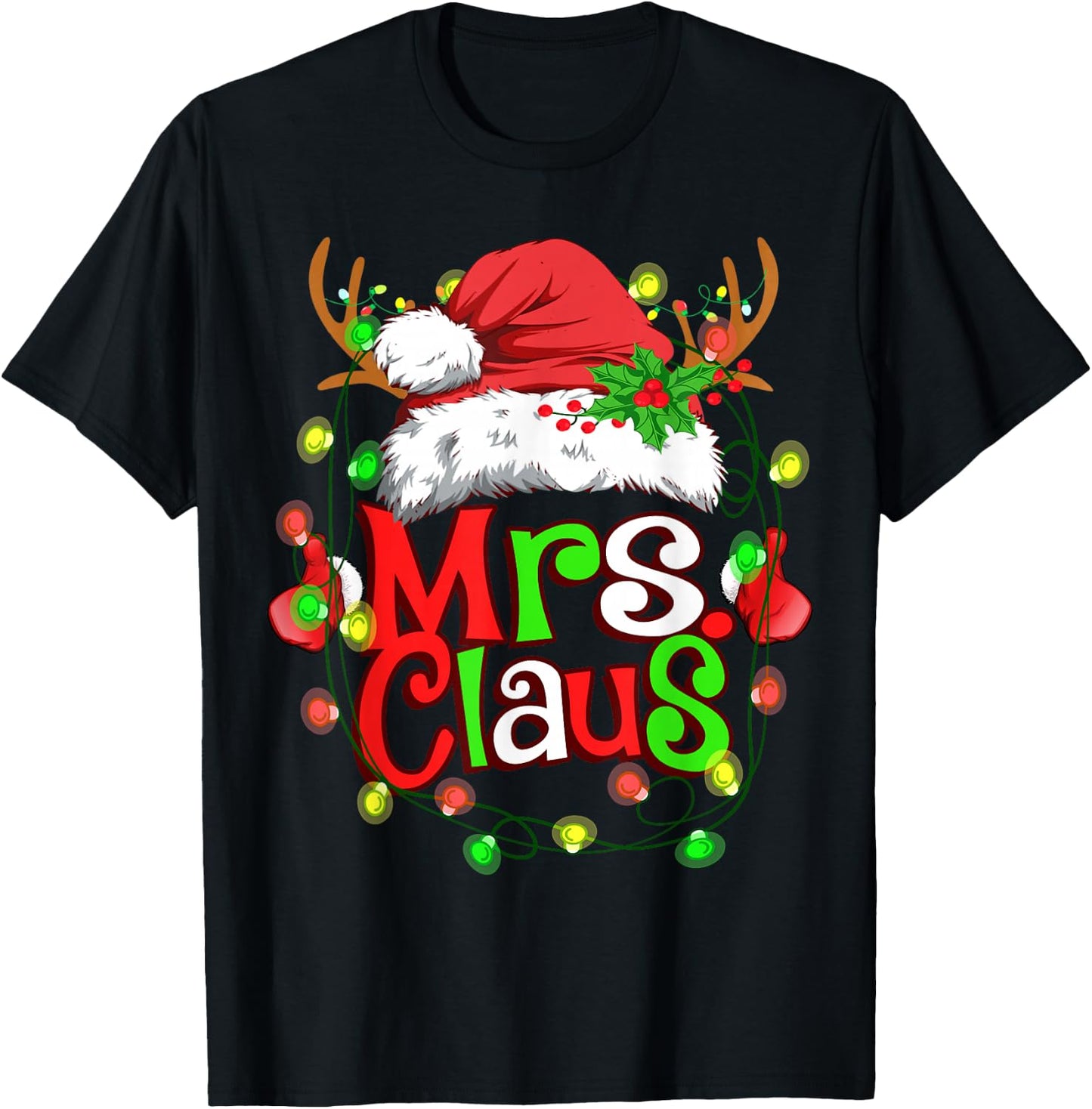 Mr and Mrs Claus Santa Reindeer Couples Christmas Lights T-Shirt - T-Shirt | Black