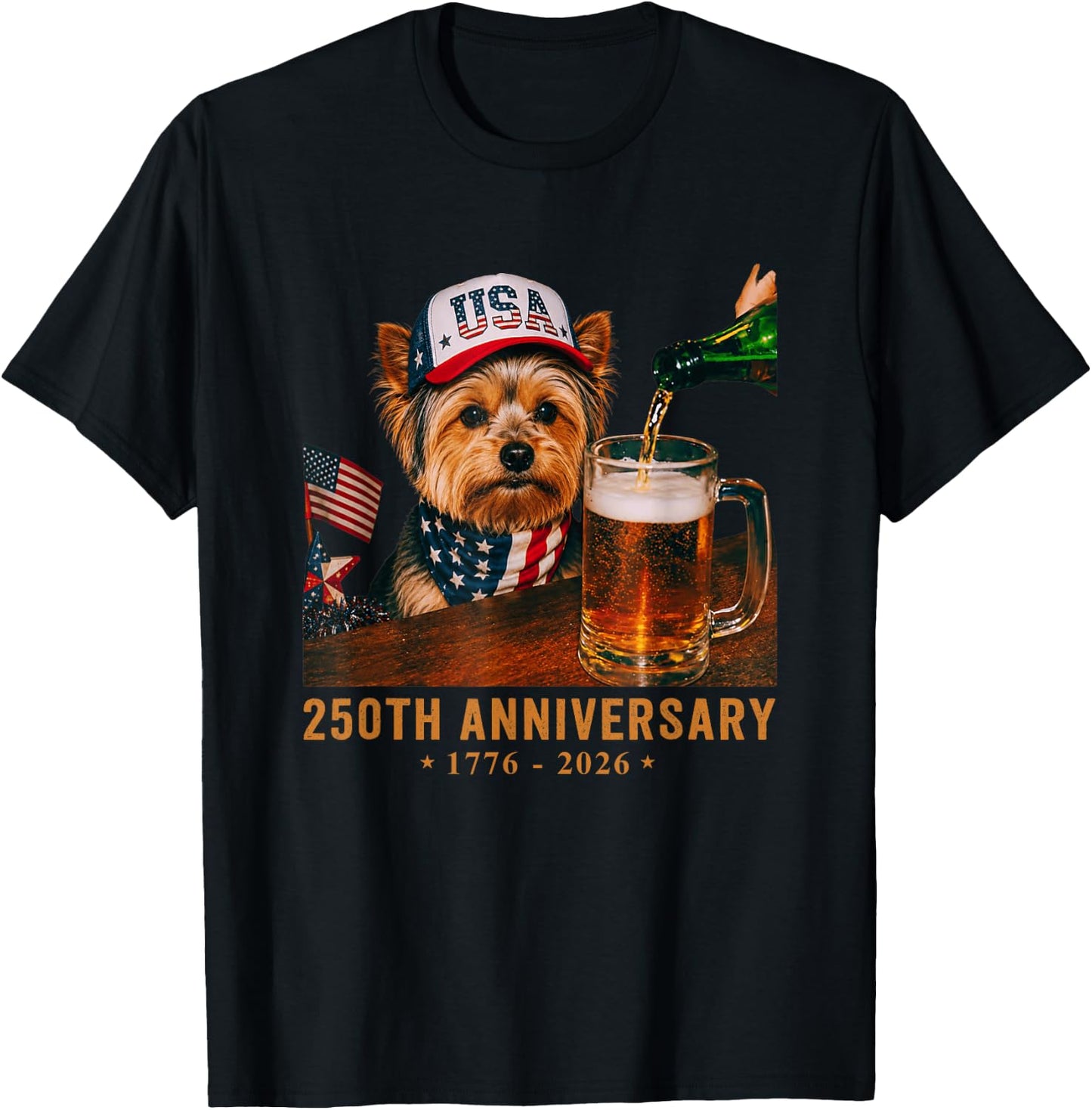 USA 250th Anniversary 4th July Yorkie Dog Dad Drinking Beer T-Shirt - T-Shirt | Black