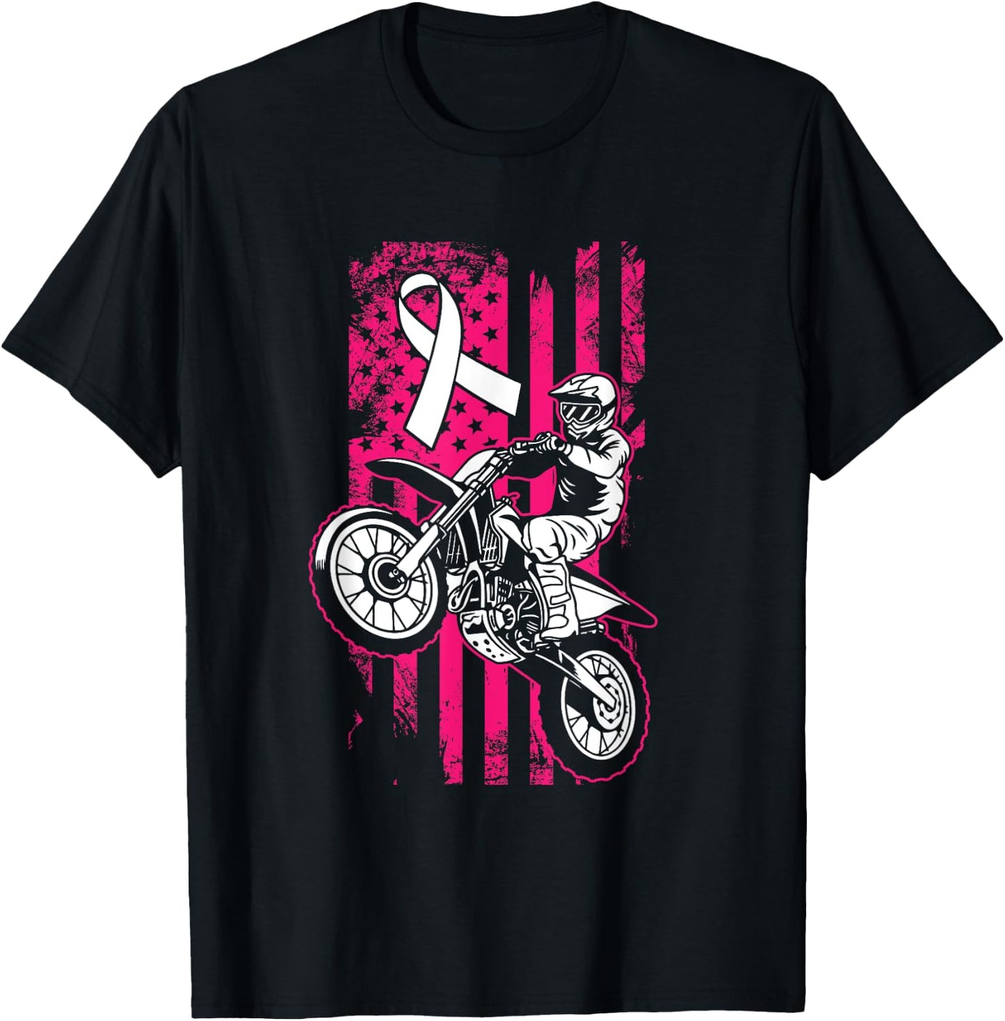 Motocross American Flag Breast Cancer Awareness Pink Ribbon T-Shirt - T-Shirt | Black