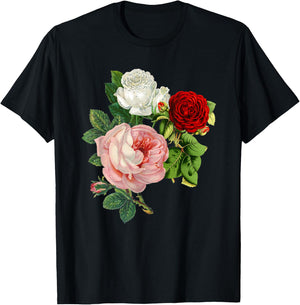 Vintage Roses Flower Floral Illustration Blossom Lovers T-Shirt - T-Shirt | Black
