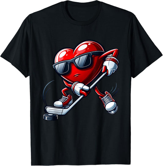 Funny Heart Playing Hockey Valentines Day Boys Kids T-Shirt - T-Shirt | Black