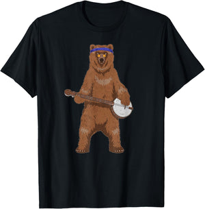Vintage Retro Banjo Bear Hippie Bluegrass Throwback Musician T-Shirt - T-Shirt | Black