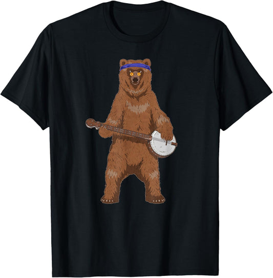 Vintage Retro Banjo Bear Hippie Bluegrass Throwback Musician T-Shirt - T-Shirt | Black
