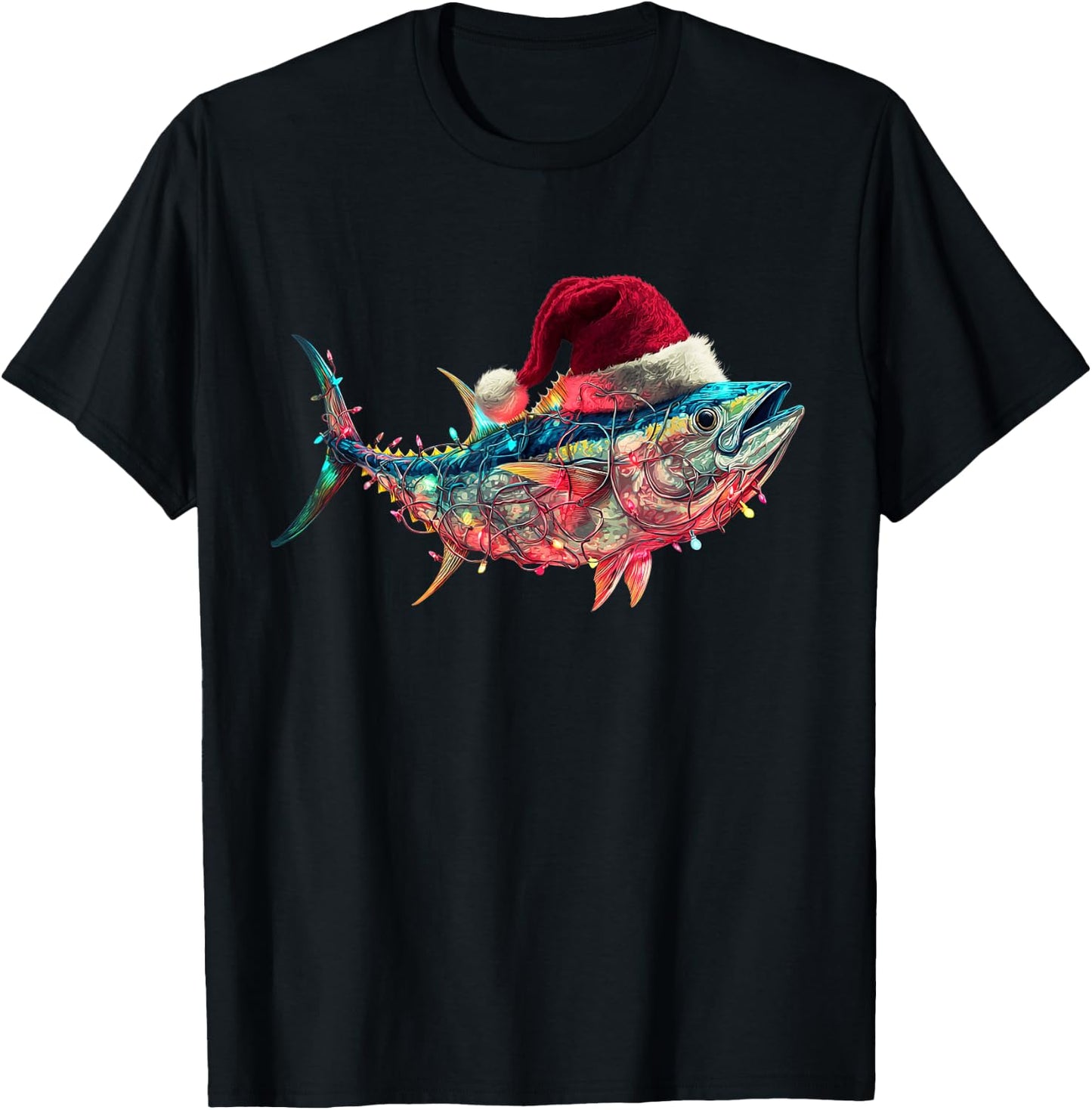 Christmas Tuna Fish Funny Fishing Santa Hat Lights T-Shirt - T-Shirt | Black