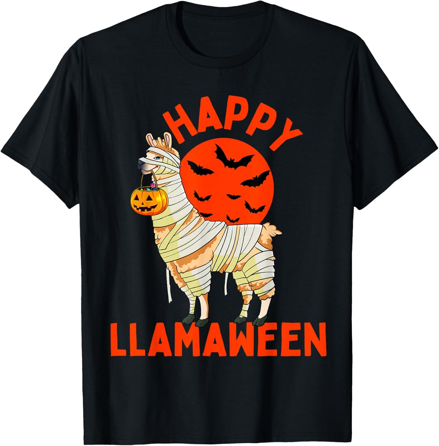Happy Llamaween Funny Llama Halloween Women Kids Girls Boys T-Shirt - T-Shirt | Black