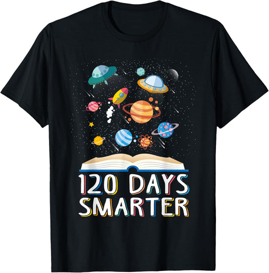 120th Day Of School 120 Days Smarter Books Space Lovers Boys T-Shirt - T-Shirt | Black