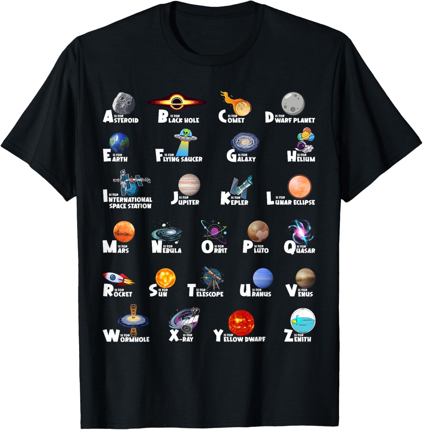 Outer Space Kids ABC Types Of Planet Identification Alphabet T-Shirt - T-Shirt | Black