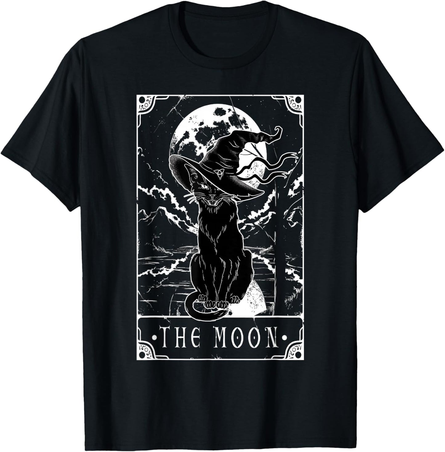 Tarot Card Crescent Moon And Black Cat Witch Hat Halloween T-Shirt - T-Shirt | Black