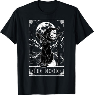 Tarot Card Crescent Moon And Black Cat Witch Hat Halloween T-Shirt - T-Shirt | Black