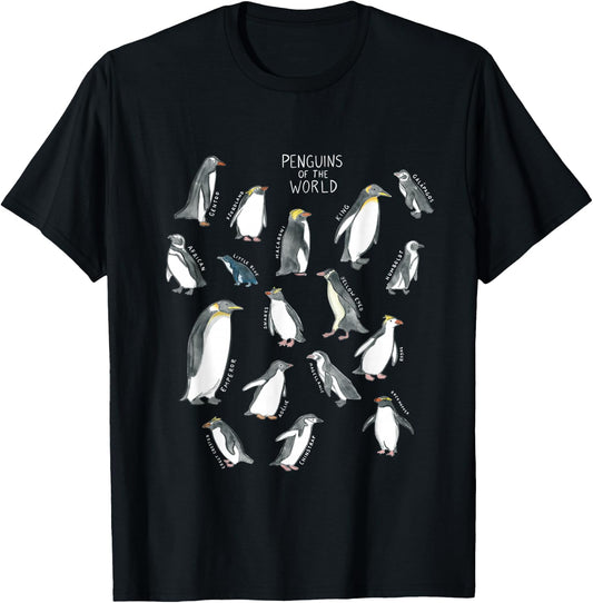 All types of penguins in the world watercolour T-Shirt - T-Shirt | Black