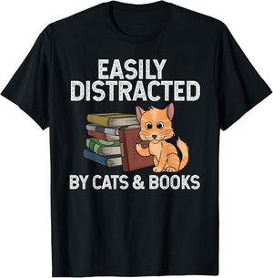 Funny Easily Distracted By Cats And Books Art Women T-Shirt - T-Shirt | Black