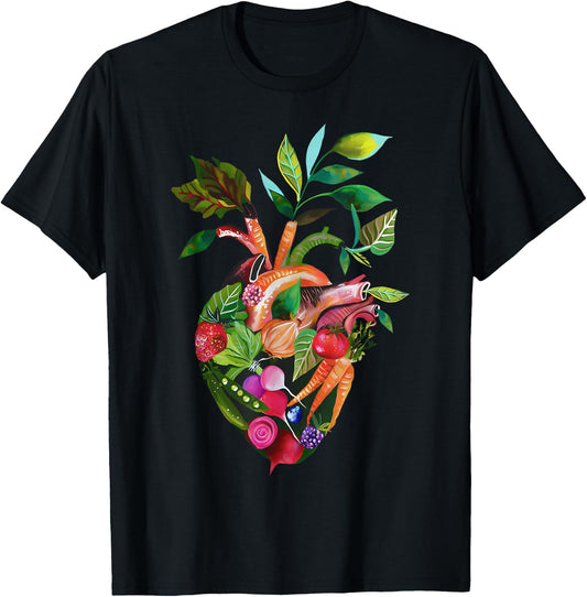 Watercolor Anatomical Heart With Vegetable Vegans Gardeners T-Shirt - T-Shirt | Black