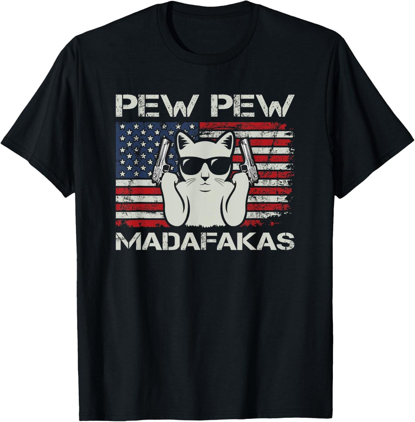 Pew Pew Madafakas - Vintage Cats USA Funny Crazy Cat Lovers T-Shirt - T-Shirt | Black