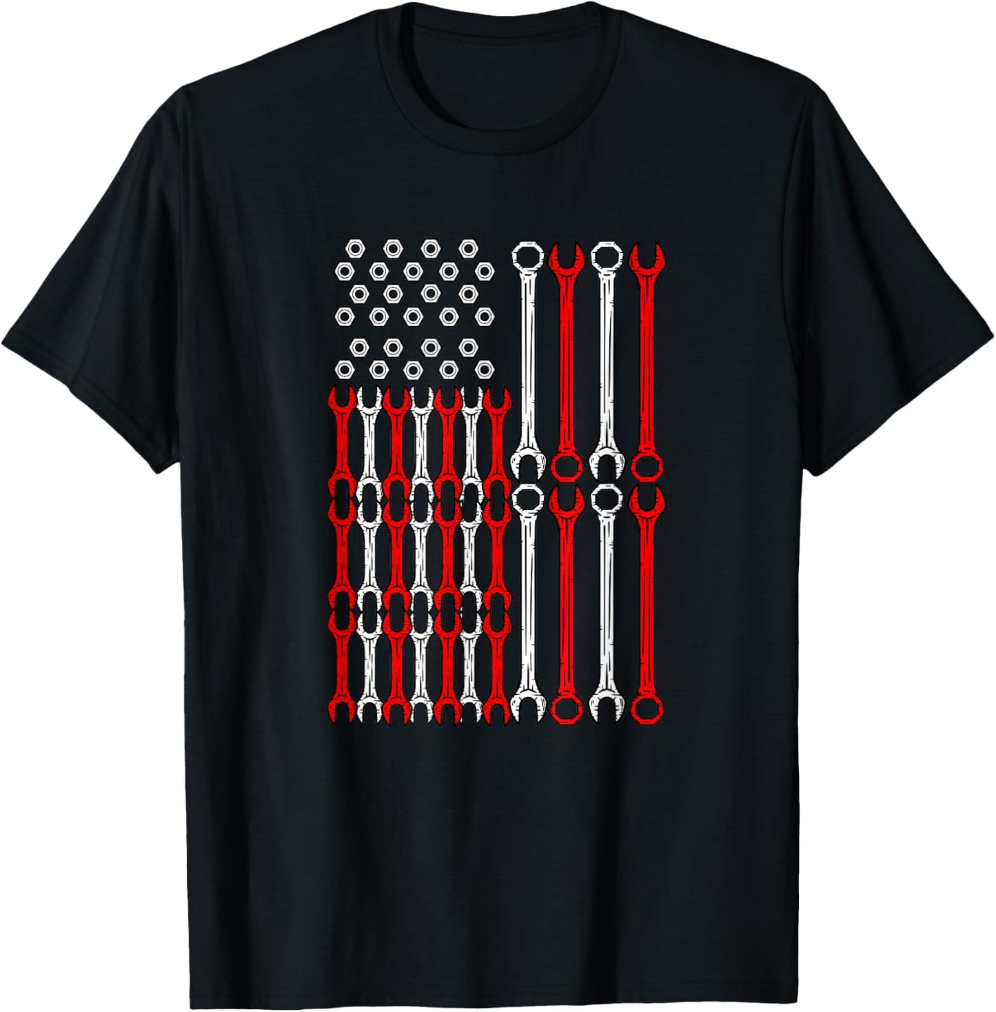 USA Red White and Blue Wrench Flag - Car Motor Repair Worker T-Shirt - T-Shirt | Black