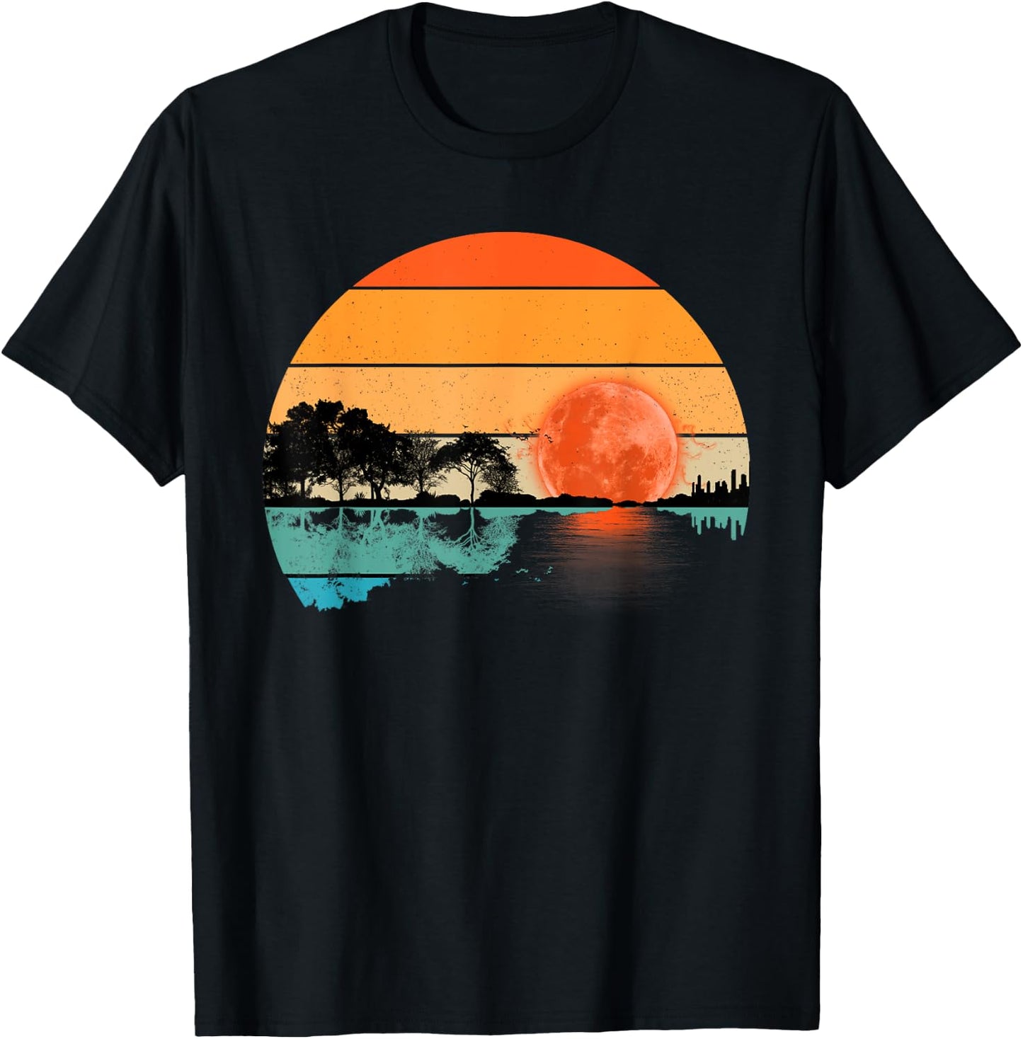 Funny Retro Guitar Lake Sunset Guitarist Music Lover T-Shirt - T-Shirt | Black