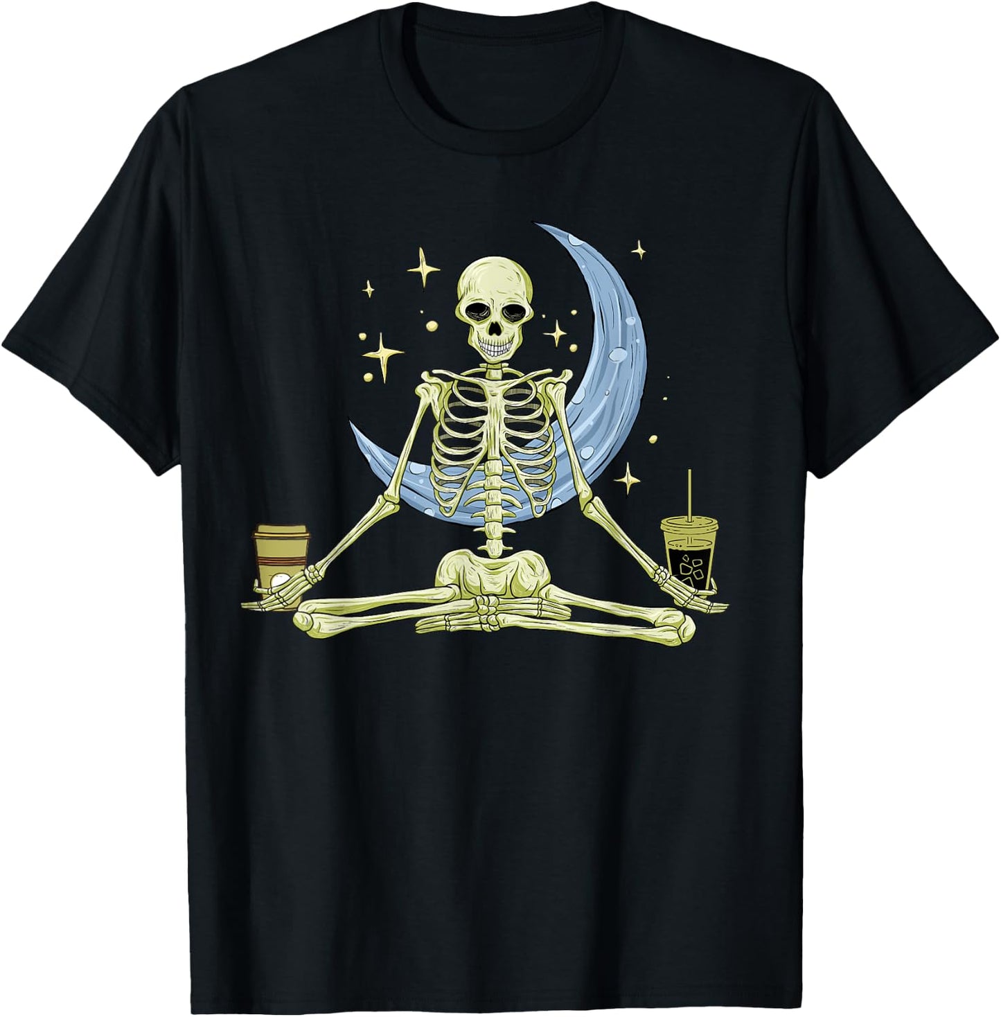 Skeleton Doing Yoga And Drinking Coffee Funny Meditation T-Shirt - T-Shirt | Black