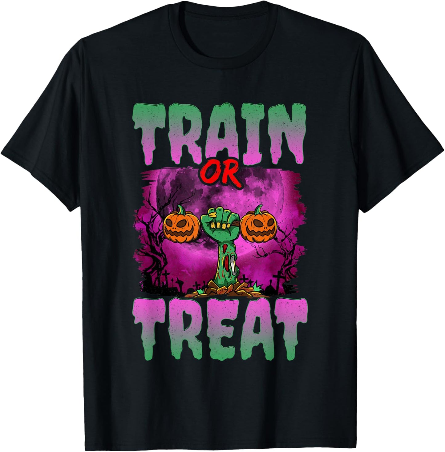 Train Or Treat Halloween Gym Weightlifting Zombie Fitness T-Shirt - T-Shirt | Black