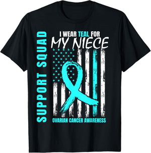 Support Squad I Wear Teal For My Niece Ovarian Cancer Flag T-Shirt - T-Shirt | Black
