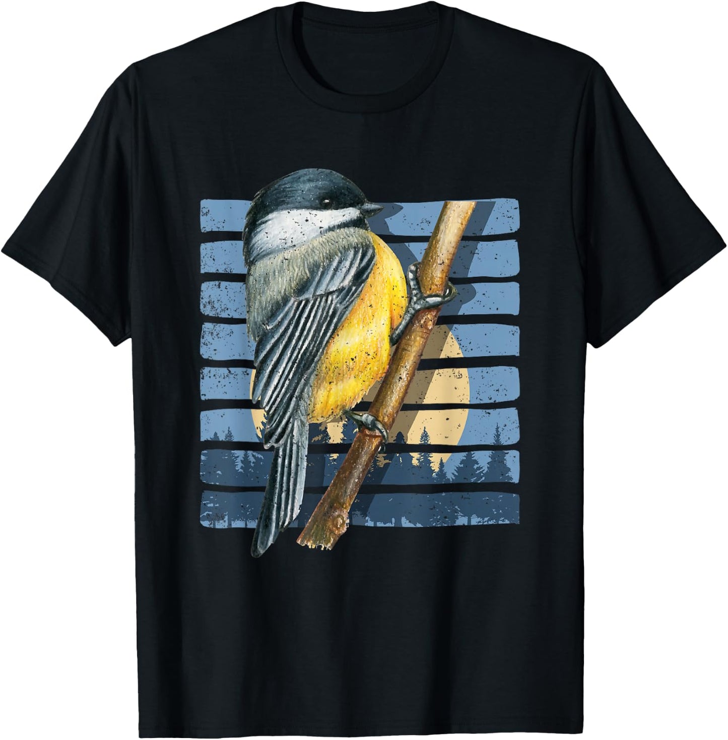 Retro Bird Watcher Chickadee Nature Forest Moon Birds T-Shirt - T-Shirt | Black