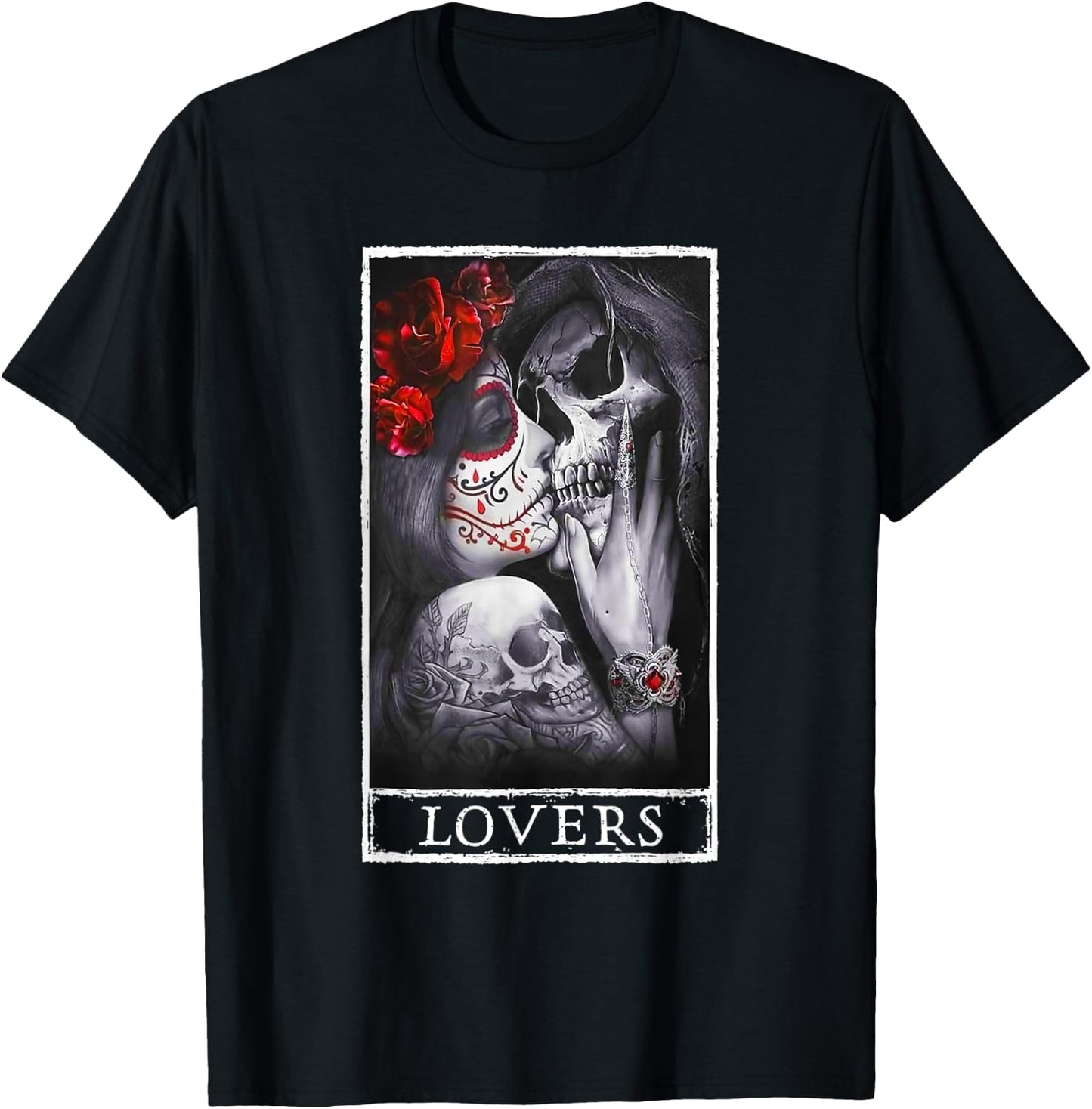 Woman Kissing Skeleton Skull Lovers Red Roses Goth Couple T-Shirt - T-Shirt | Black