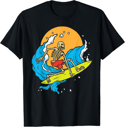 Skeleton Cartoon Illustration Image - Surfer Surfboard Surf T-Shirt - T-Shirt | Black