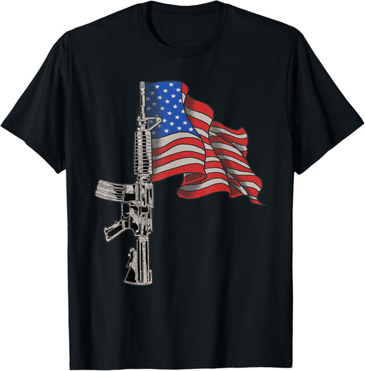 AR-15 Assault Rifle USA Flag Gun - Distressed American Flag T-Shirt - T-Shirt | Black