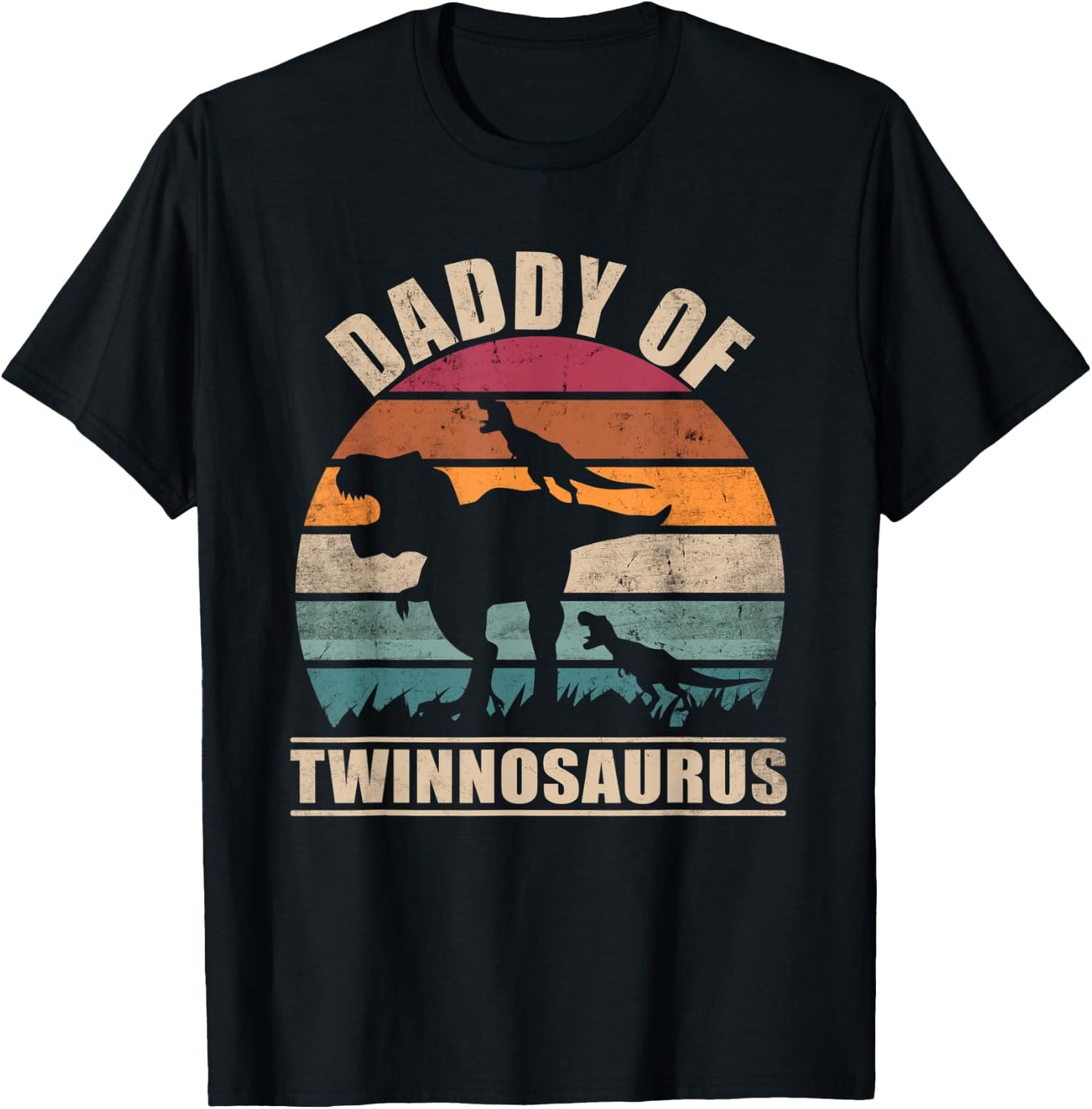 Dad of Twins Daddysaurus Pun Fathers Day Daddy of Twins T-Shirt - T-Shirt | Black
