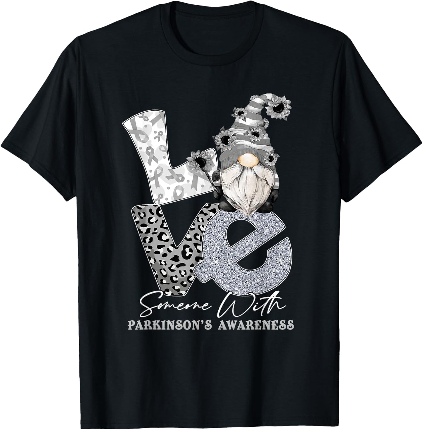 Silver Ribbon Gnome Love Someone With Parkinson's Awareness T-Shirt - T-Shirt | Black