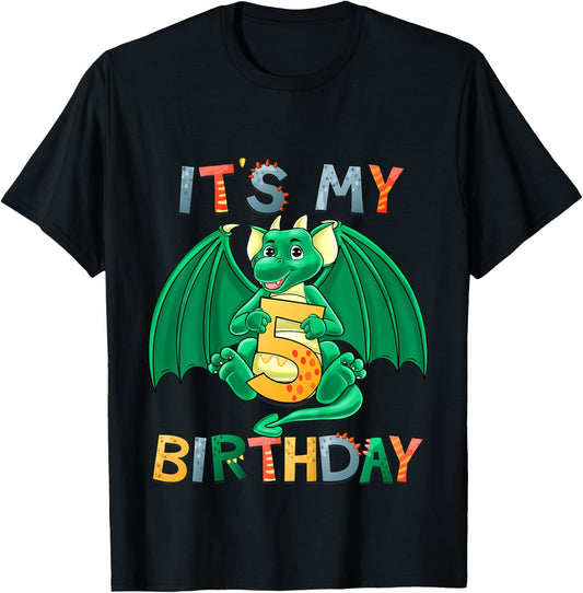 Kids It's My 5th Birthday Dragon 5 Birthday 5 Year Old Boy T-Shirt - T-Shirt | Black