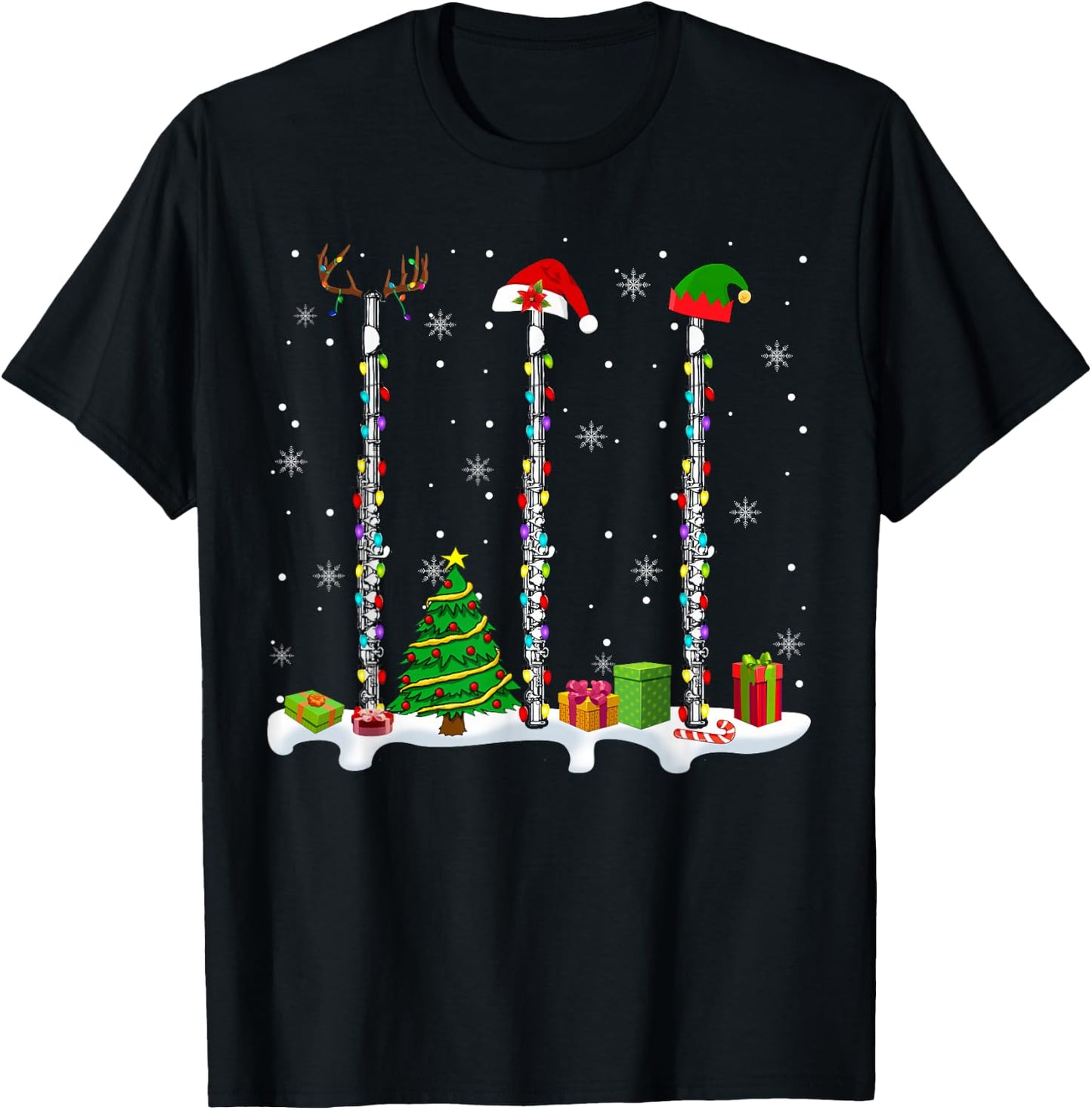 Santa Elf Reindeer Flute Christmas Light Musical Instrument T-Shirt - T-Shirt | Black