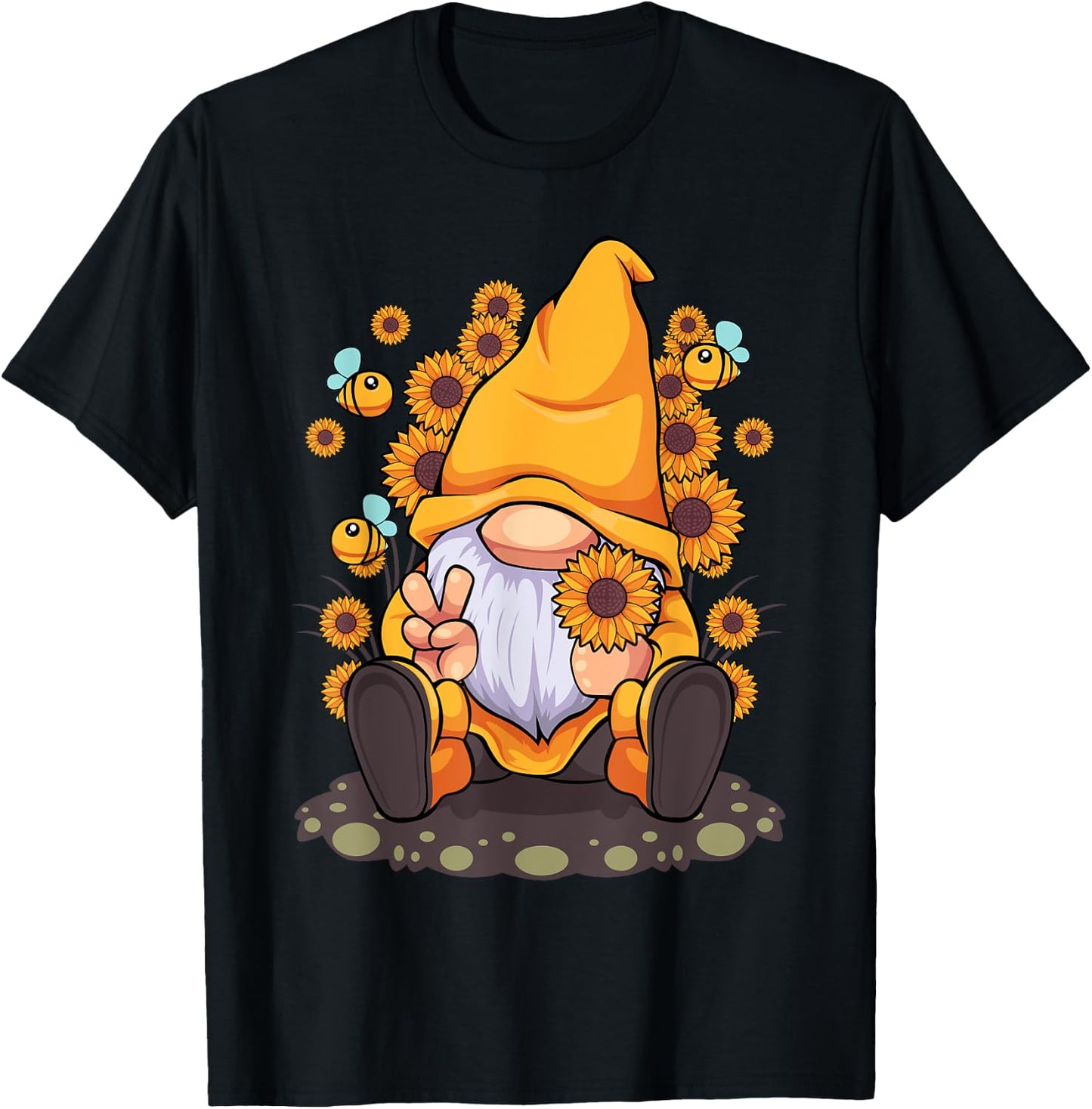Funny Hippie Sunflower Gnome with Bee Flower Summer Men Women T-Shirt - T-Shirt | Black