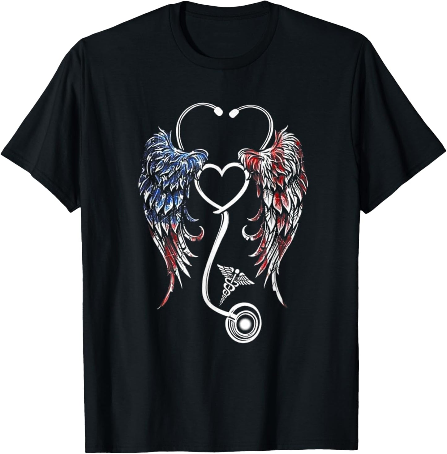 Wings Heart Nurse Stethoscope American Flag Nursing Lover Men T-Shirt - T-Shirt | Black