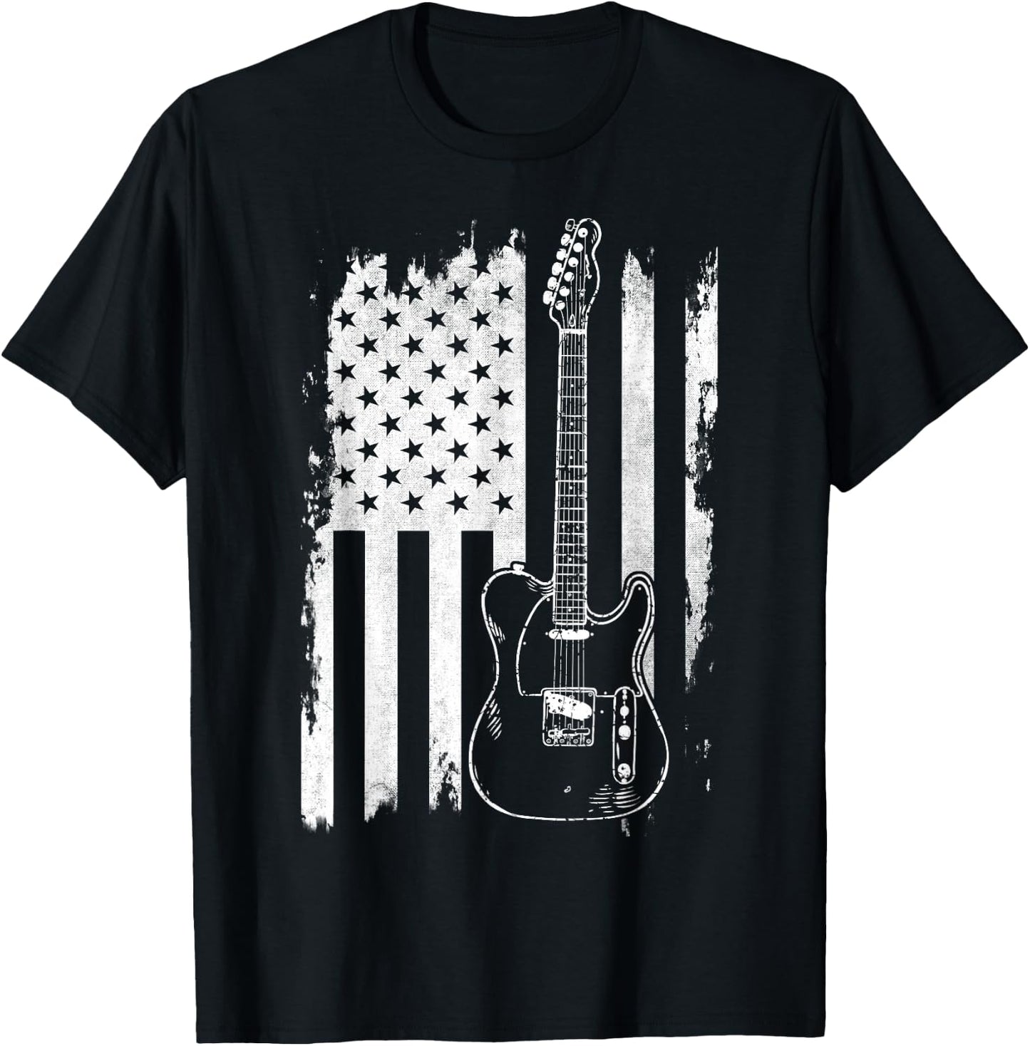 Lets Rock Rock n Roll Guitar Retro USA Flag Music T-Shirt - T-Shirt | Black
