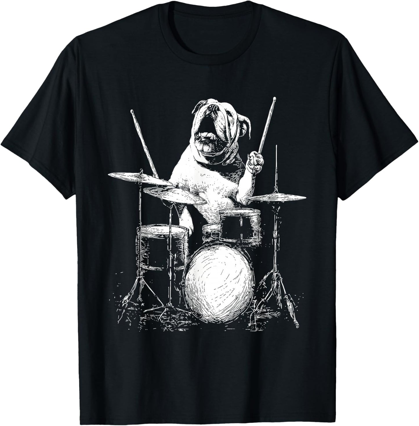Funny English Bulldog Playing Drums Musician Dog T-Shirt - T-Shirt | Black