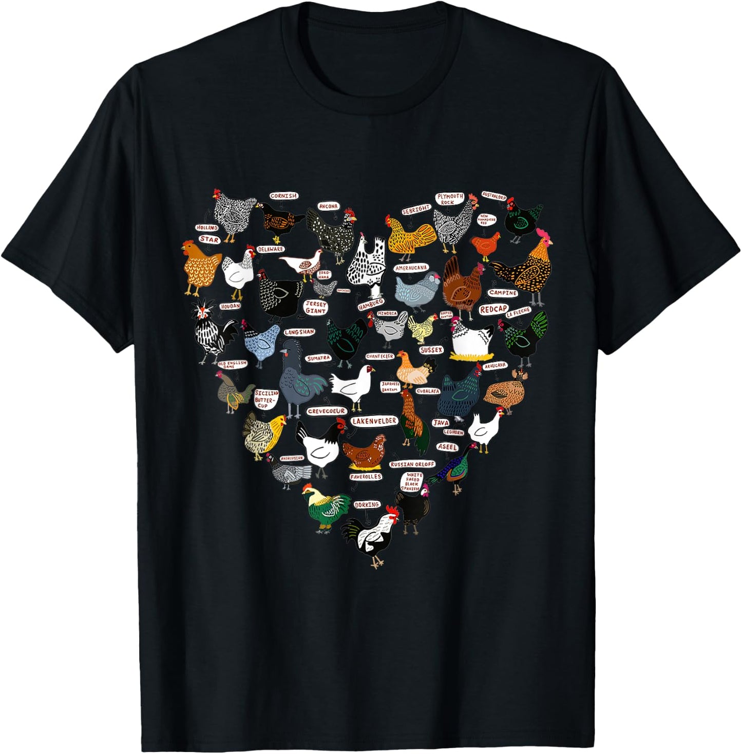 Funny Heart Design List Of Chicken Breeds T-Shirt - T-Shirt | Black