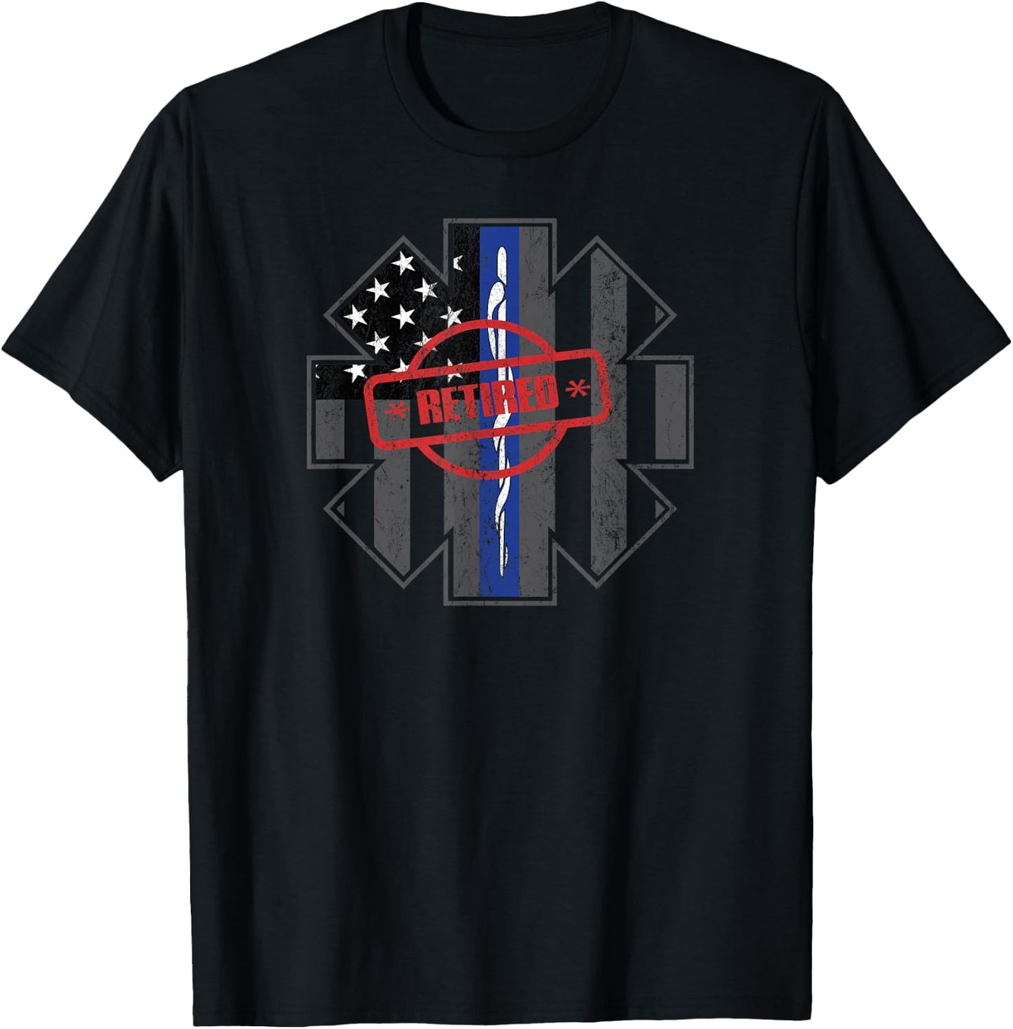 Retired EMT Paramedic Thin Blue Line Distressed T-Shirt - T-Shirt | Black