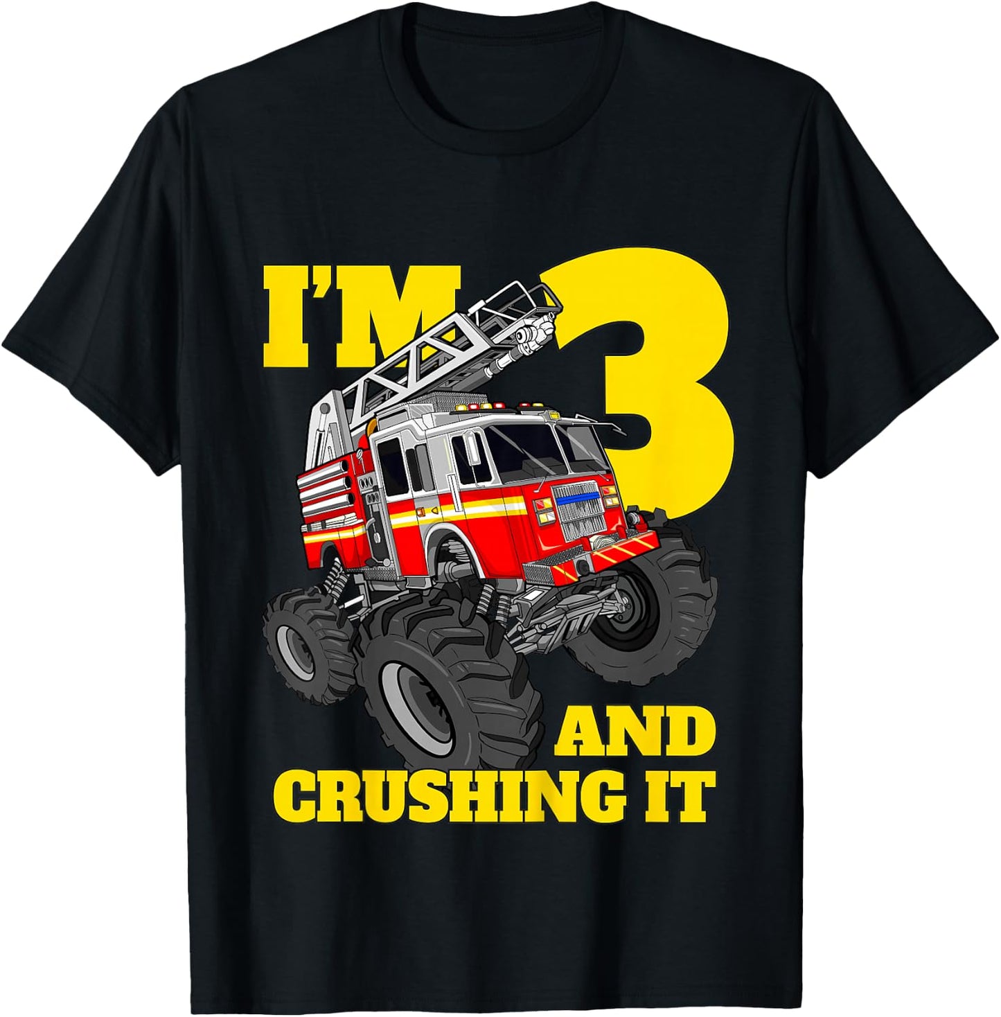 Kids Monster Fire Truck 3rd Birthday Boy Toddler 3 Firefighter T-Shirt - T-Shirt | Black