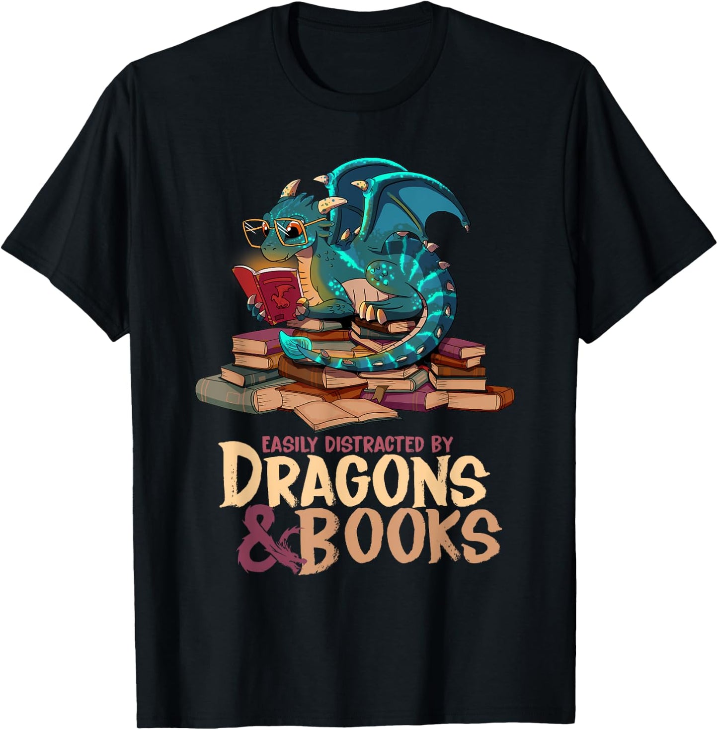Easily Distracted By Dragons & Books Dragon Book Lover T-Shirt - T-Shirt | Black